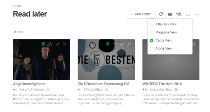 Verschiedene Ansichten in Feedly: hier der "Cards View"