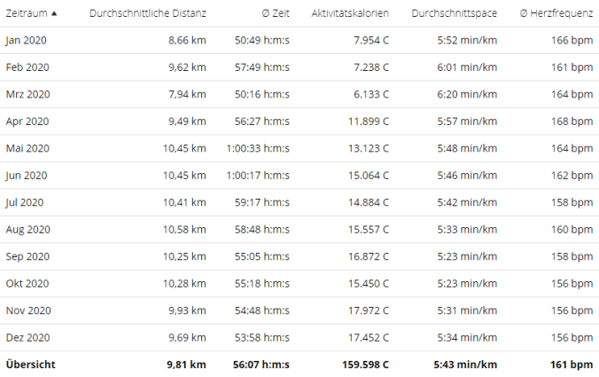 Die Durchschnittswerte nach Monaten aufgedröselt (Quelle: Garmin)