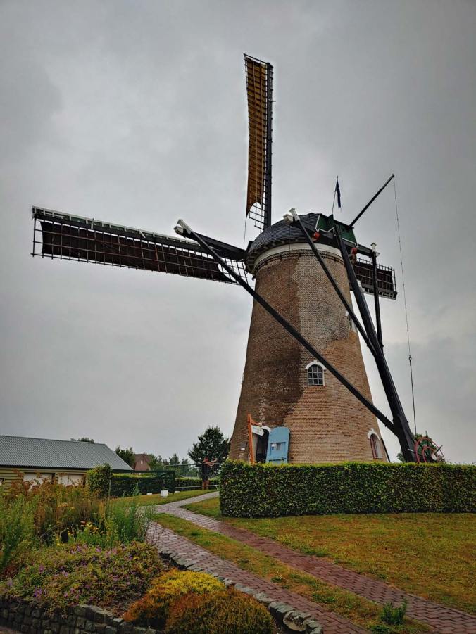 Eine imposante Windmühle im Regen