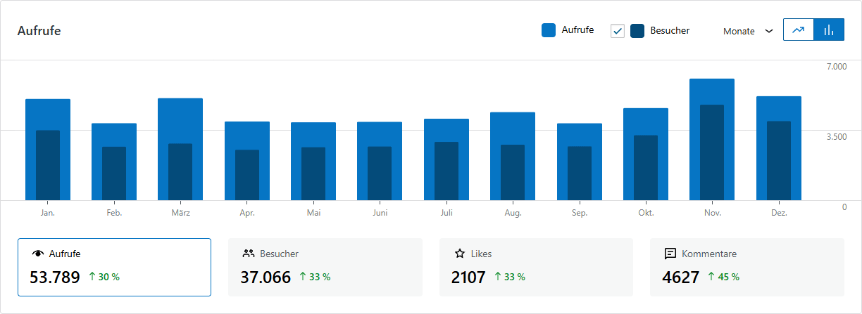 Entwicklung der Aufrufe und Besucher im Jahr 2025 (monatlich)